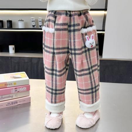女小童冬季加绒加厚格子小兔休闲裤新款女宝宝保暖呢子直筒裤 童装批发宝宝服饰批发