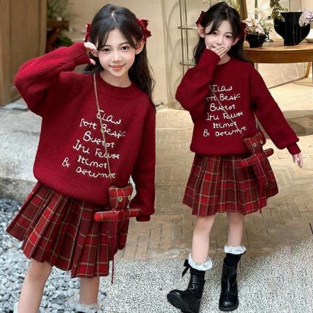 女童新年毛衣套装秋冬款新款洋气儿童红色拜年服中大童两件套 童装批发宝宝服饰批发