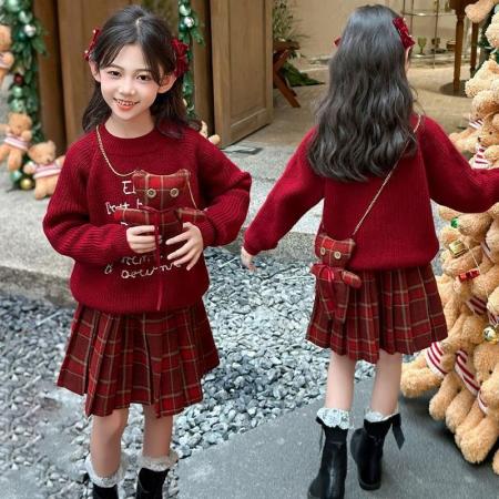 女童新年毛衣套装秋冬款新款洋气儿童红色拜年服中大童两件套 童装批发宝宝服饰批发