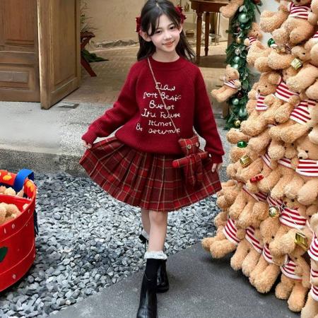 女童新年毛衣套装秋冬款新款洋气儿童红色拜年服中大童两件套 童装批发宝宝服饰批发