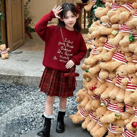 女童新年毛衣套装秋冬款新款洋气儿童红色拜年服中大童两件套 童装批发宝宝服饰批发