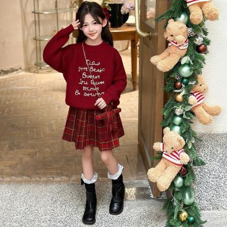 女童新年毛衣套装秋冬款新款洋气儿童红色拜年服中大童两件套 童装批发宝宝服饰批发