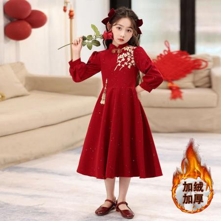 女童新中式连衣裙新款儿童红色新年礼服女孩加绒公主裙拜年服 童装批发宝宝服饰批发