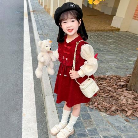 女童连衣裙新款套装秋季童装过年圣诞红色儿童公主裙两件套潮 童装批发宝宝服饰批发