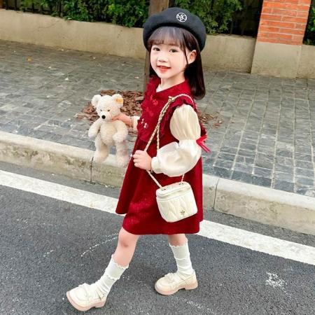女童连衣裙新款套装秋季童装过年圣诞红色儿童公主裙两件套潮 童装批发宝宝服饰批发
