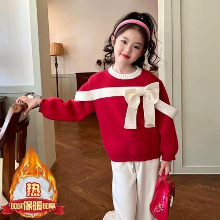 女童加绒毛衣秋冬新款儿童洋气女孩百搭蝴蝶结针织打底衫上衣 童装批发宝宝服饰批发