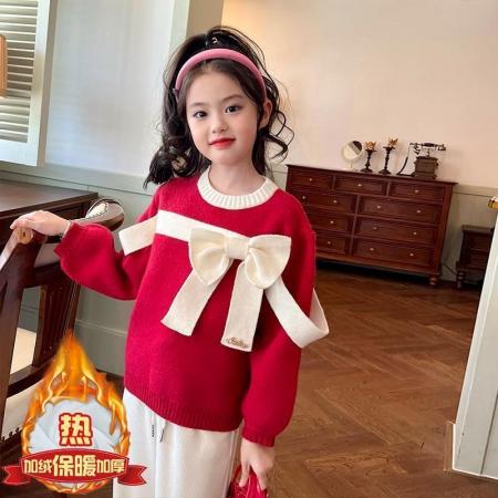 女童加绒毛衣秋冬新款儿童洋气女孩百搭蝴蝶结针织打底衫上衣 童装批发宝宝服饰批发