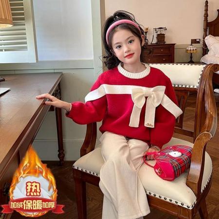 女童加绒毛衣秋冬新款儿童洋气女孩百搭蝴蝶结针织打底衫上衣 童装批发宝宝服饰批发