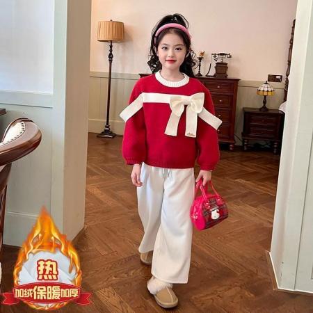 女童加绒毛衣秋冬新款儿童洋气女孩百搭蝴蝶结针织打底衫上衣 童装批发宝宝服饰批发