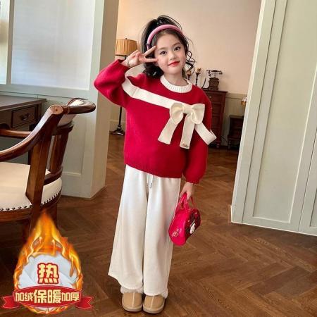 女童加绒毛衣秋冬新款儿童洋气女孩百搭蝴蝶结针织打底衫上衣 童装批发宝宝服饰批发