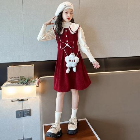 女童红色连衣裙秋冬新款洋气儿童背心裙套装时髦拜年服裙子潮 童装批发宝宝服饰批发