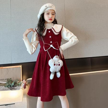 女童红色连衣裙秋冬新款洋气儿童背心裙套装时髦拜年服裙子潮 童装批发宝宝服饰批发