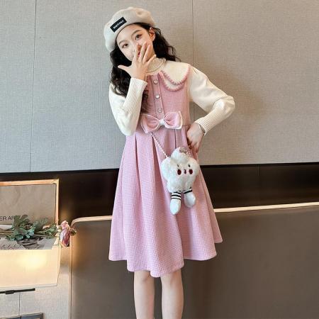 女童红色连衣裙秋冬新款洋气儿童背心裙套装时髦拜年服裙子潮 童装批发宝宝服饰批发