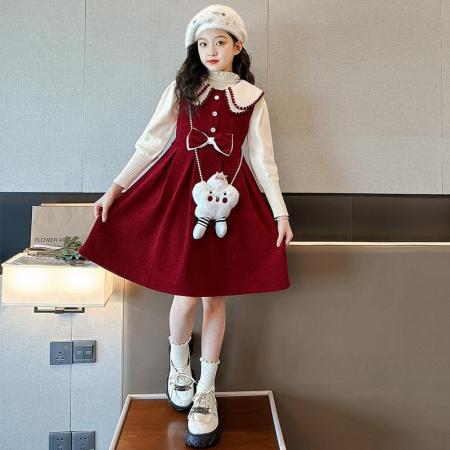 女童红色连衣裙秋冬新款洋气儿童背心裙套装时髦拜年服裙子潮 童装批发宝宝服饰批发