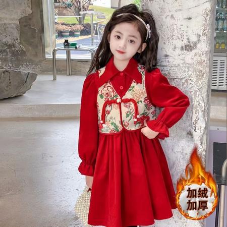 女童假两件连衣裙秋冬装新款儿童女孩复古裙子国风盘扣连衣裙 童装批发宝宝服饰批发