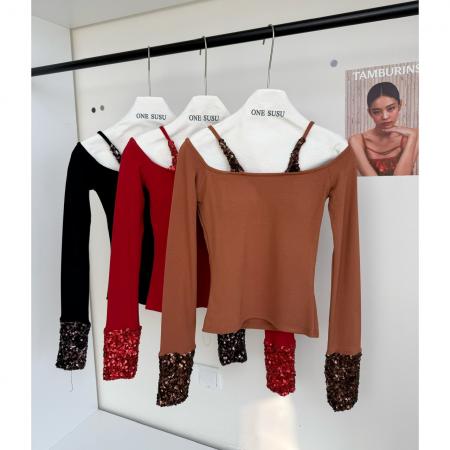 FA50072# 日暮星河显瘦修身亮片吊带长袖T恤秋冬设计感内搭上衣 服裝批發女裝批發服飾貨源