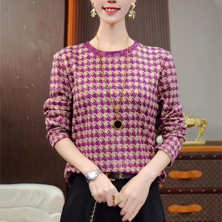 FA50076# 千鸟紫格秋冬新款抗起球高端减龄显瘦打底衫 服裝批發女裝批發服飾貨源