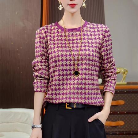 FA50076# 千鸟紫格秋冬新款抗起球高端减龄显瘦打底衫 服裝批發女裝批發服飾貨源