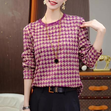 FA50076# 千鸟紫格秋冬新款抗起球高端减龄显瘦打底衫 服裝批發女裝批發服飾貨源