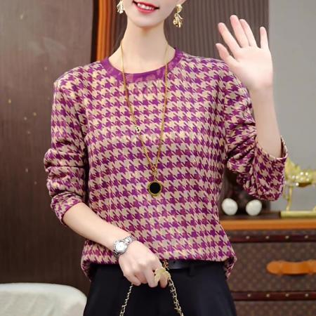 FA50076# 千鸟紫格秋冬新款抗起球高端减龄显瘦打底衫 服裝批發女裝批發服飾貨源