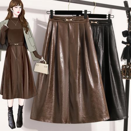 FA50078# 秋款大码垂坠感pu皮裙胖MM高腰半身裙显瘦百搭软皮a字皮伞裙 服裝批發女裝批發服飾貨源
