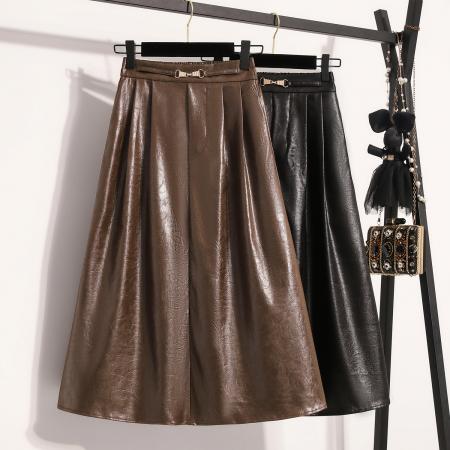 FA50078# 秋款大码垂坠感pu皮裙胖MM高腰半身裙显瘦百搭软皮a字皮伞裙 服裝批發女裝批發服飾貨源