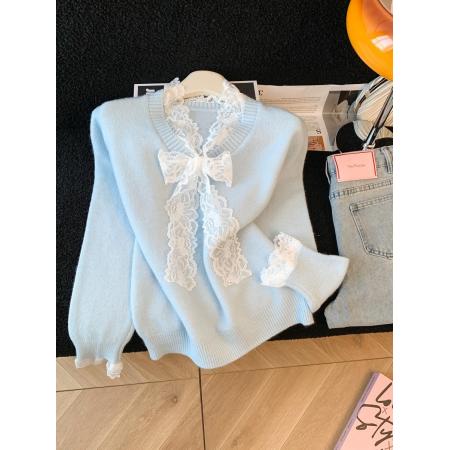 FA50081# 蕾丝蝴蝶结拼接宽松长袖毛衣女秋冬新款慵懒风甜美针织衫上衣 服裝批發女裝批發服飾貨源