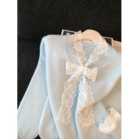 FA50081# 蕾丝蝴蝶结拼接宽松长袖毛衣女秋冬新款慵懒风甜美针织衫上衣 服裝批發女裝批發服飾貨源