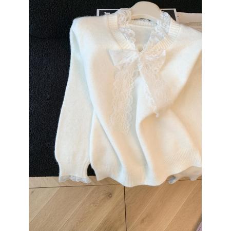 FA50081# 蕾丝蝴蝶结拼接宽松长袖毛衣女秋冬新款慵懒风甜美针织衫上衣 服裝批發女裝批發服飾貨源