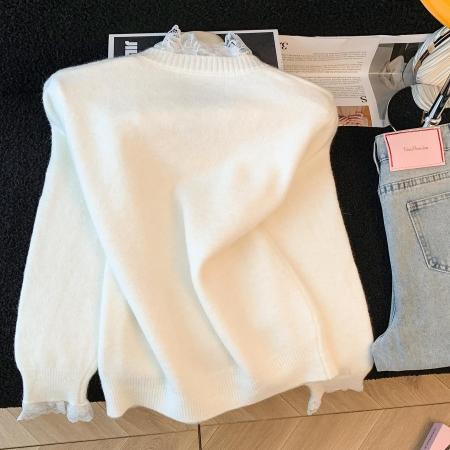 FA50081# 蕾丝蝴蝶结拼接宽松长袖毛衣女秋冬新款慵懒风甜美针织衫上衣 服裝批發女裝批發服飾貨源