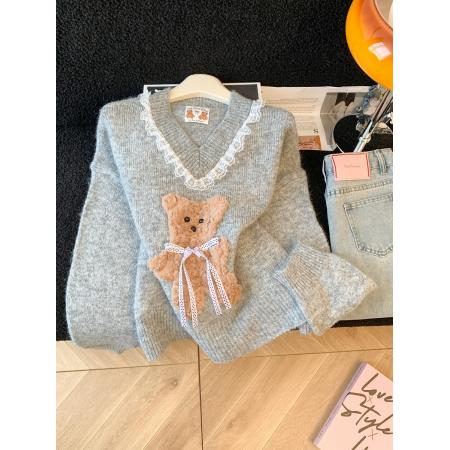 FA50083# 温柔风软糯蝴蝶结小熊毛衣女秋冬新款蕾丝花边针织衫气质上衣 服裝批發女裝批發服飾貨源