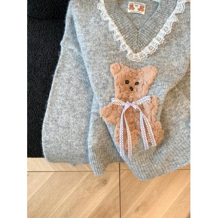 FA50083# 温柔风软糯蝴蝶结小熊毛衣女秋冬新款蕾丝花边针织衫气质上衣 服裝批發女裝批發服飾貨源