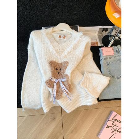 FA50083# 温柔风软糯蝴蝶结小熊毛衣女秋冬新款蕾丝花边针织衫气质上衣 服裝批發女裝批發服飾貨源