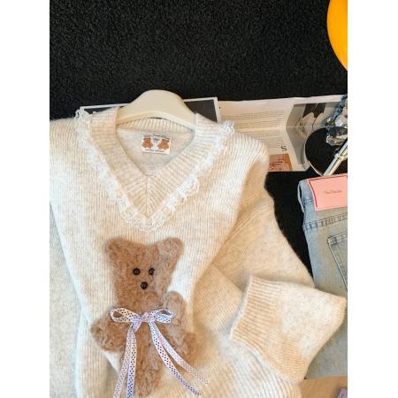 FA50083# 温柔风软糯蝴蝶结小熊毛衣女秋冬新款蕾丝花边针织衫气质上衣 服裝批發女裝批發服飾貨源