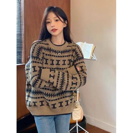FA50085# 北欧风小众费尔岛提花慵懒毛衣女冬季氛围感穿搭高级针织衫上衣 服裝批發女裝批發服飾貨源