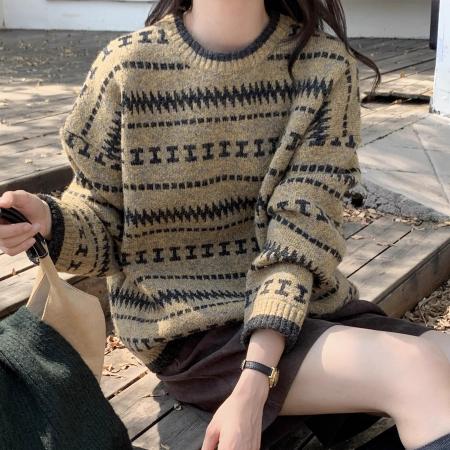 FA50085# 北欧风小众费尔岛提花慵懒毛衣女冬季氛围感穿搭高级针织衫上衣 服裝批發女裝批發服飾貨源