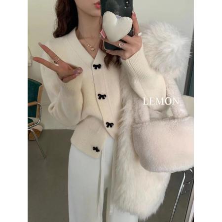 FA50087# 小香风短款白色V领针织开衫女春小个子蝴蝶结毛衣外套上衣冬 服裝批發女裝批發服飾貨源