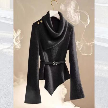 FA50088# 韩系慵懒假两件围脖领咖色针织衫女秋季新款独特气质轻熟上衣 服裝批發女裝批發服飾貨源