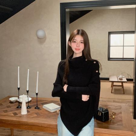 FA50088# 韩系慵懒假两件围脖领咖色针织衫女秋季新款独特气质轻熟上衣 服裝批發女裝批發服飾貨源