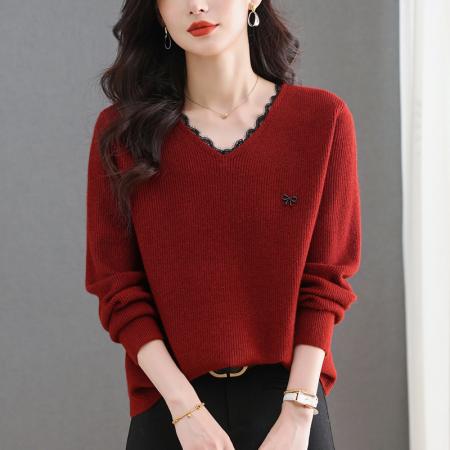 FA50092# V领蕾丝边毛衣女秋冬新款大码宽松洋气羊毛针织打底上衣 服裝批發女裝批發服飾貨源