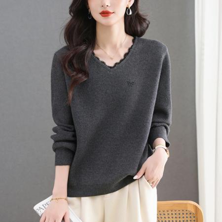 FA50092# V领蕾丝边毛衣女秋冬新款大码宽松洋气羊毛针织打底上衣 服裝批發女裝批發服飾貨源