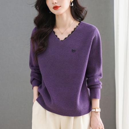 FA50092# V领蕾丝边毛衣女秋冬新款大码宽松洋气羊毛针织打底上衣 服裝批發女裝批發服飾貨源