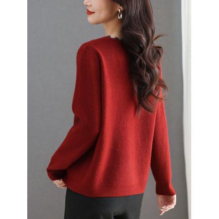 FA50092# V领蕾丝边毛衣女秋冬新款大码宽松洋气羊毛针织打底上衣 服裝批發女裝批發服飾貨源