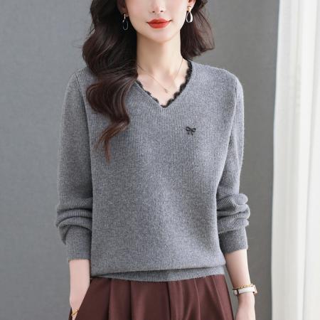 FA50092# V领蕾丝边毛衣女秋冬新款大码宽松洋气羊毛针织打底上衣 服裝批發女裝批發服飾貨源