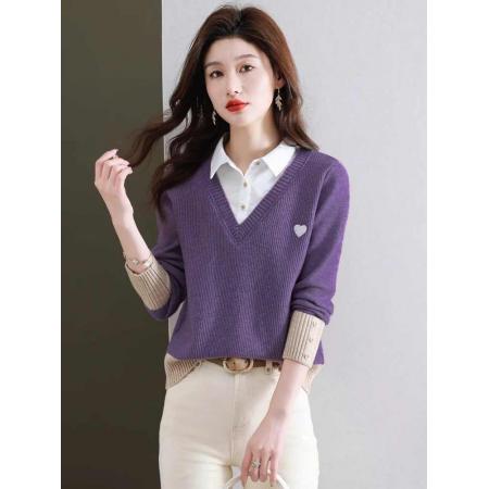 FA50093# 衬衫领假两件毛衣女春季新款加厚套头爆款洋气针织打底衫上衣 服裝批發女裝批發服飾貨源