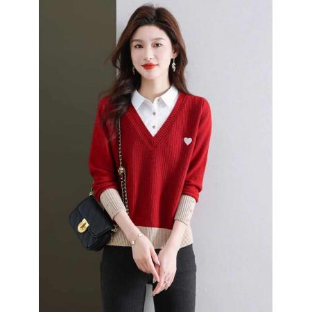 FA50093# 衬衫领假两件毛衣女春季新款加厚套头爆款洋气针织打底衫上衣 服裝批發女裝批發服飾貨源