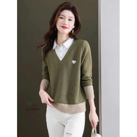 FA50093# 衬衫领假两件毛衣女春季新款加厚套头爆款洋气针织打底衫上衣 服裝批發女裝批發服飾貨源