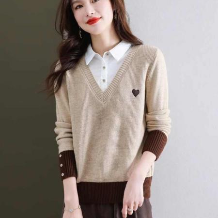 FA50093# 衬衫领假两件毛衣女春季新款加厚套头爆款洋气针织打底衫上衣 服裝批發女裝批發服飾貨源