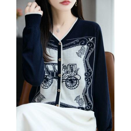 FA50094# 早秋V领马车提花针织开衫外套女新款春秋洋气女装秋冬上衣 服裝批發女裝批發服飾貨源