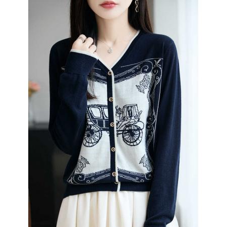 FA50094# 早秋V领马车提花针织开衫外套女新款春秋洋气女装秋冬上衣 服裝批發女裝批發服飾貨源